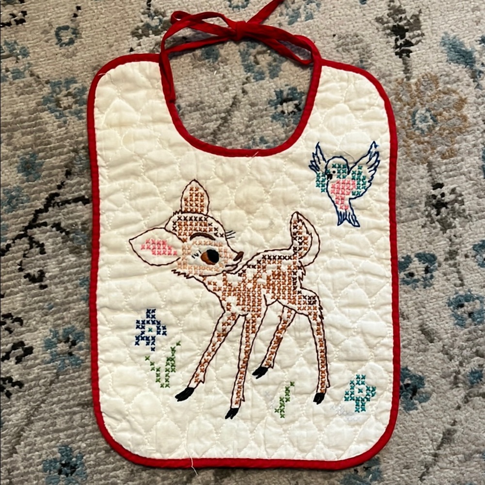 Handmade Vintage Bib with Bambi and Bird Design